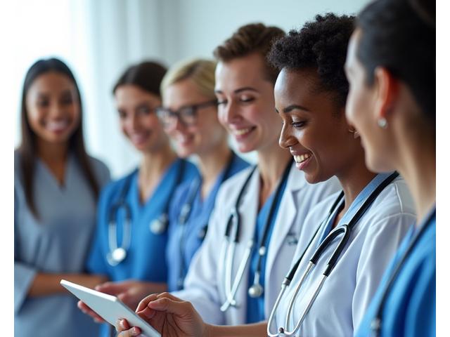 Équipe médicale souriante et patiente en consultation vidéo, symbolisant l'humanité et l'innovation en télémédecine.