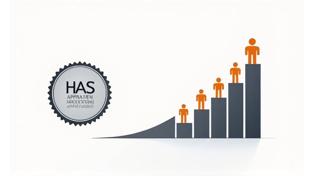 Logo de la Haute Autorité de Santé (HAS) au-dessus de courbes de croissance symbolisant l'impact patient.
