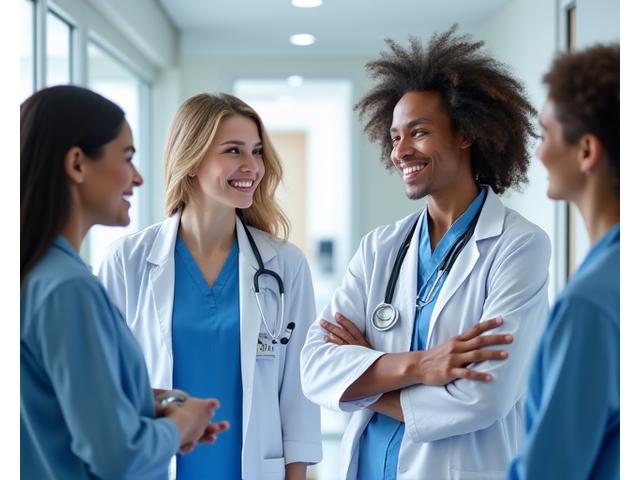 Groupe de médecins souriants et diversifiés.