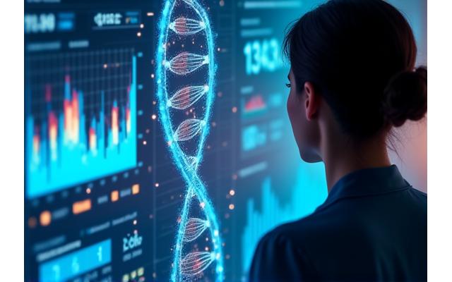 Interface utilisateur affichant des visualisations de données de santé prédictives avec des icônes d'IA.