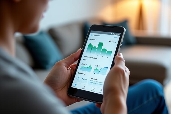 Écran d'un smartphone ou d'une tablette affichant un tableau de bord de santé en temps réel avec des graphiques et notifications.
