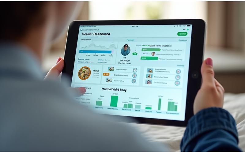 Tableau de bord personnalisé avec différentes sections, telles que la nutrition, l'exercice et les calendriers de dépistage.