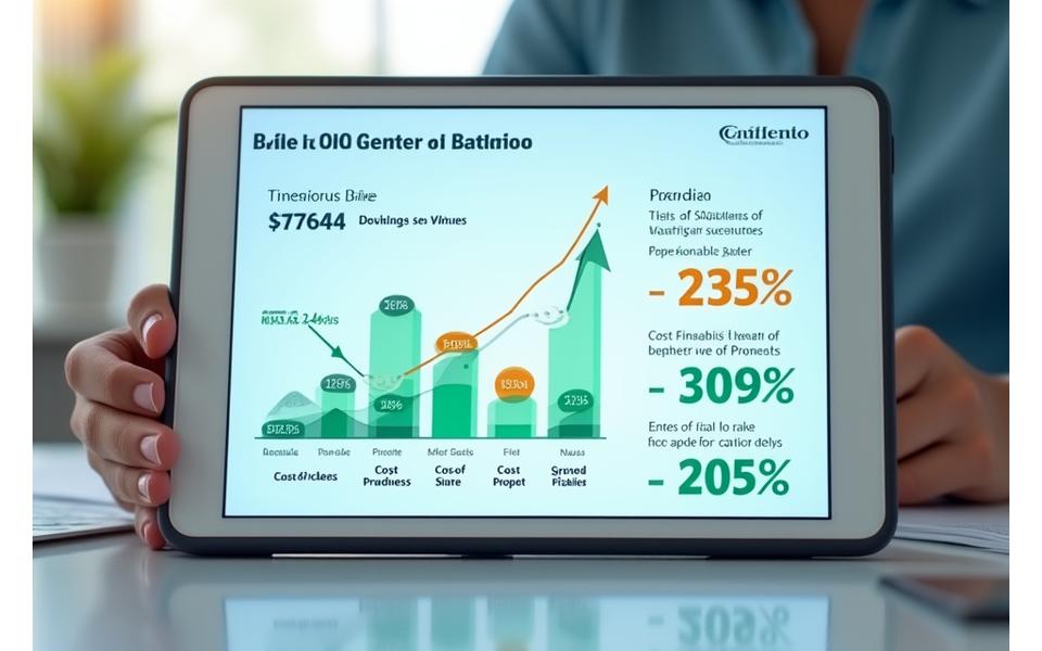 Interface d'un calculateur interactif montrant des économies potentielles et des gains de qualité de vie avec des graphiques clairs.