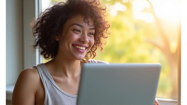Une personne souriante regardant un écran avec un sourire, les yeux reposés, illustrant la détox digitale.