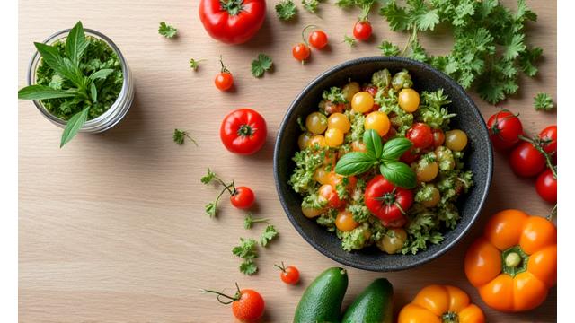 Assiette colorée de légumes frais et sains, représentant la nutrition consciente.
