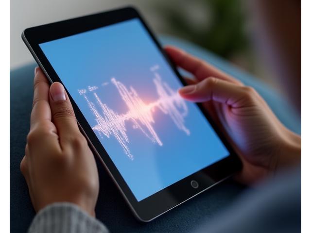 Une personne utilisant une application de relaxation sur tablette, avec des éléments visuels de biofeedback.