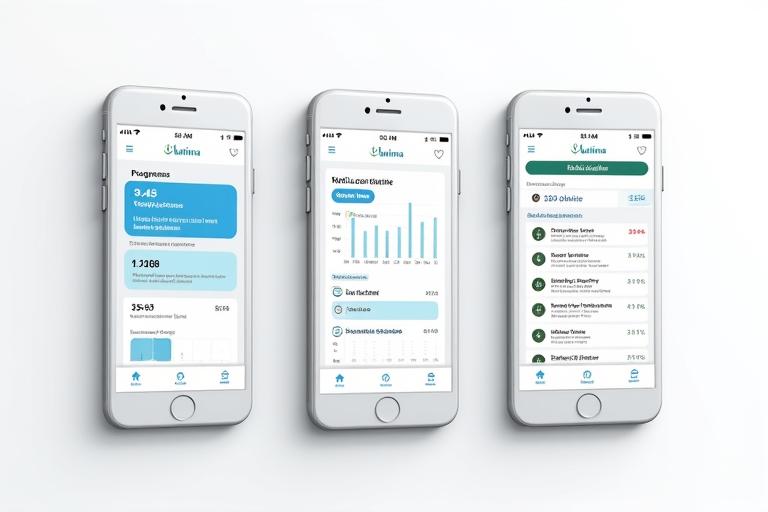 Une série de maquettes de l'application mobile Lumina Santé, montrant des interfaces de suivi de progrès, de messages avec le coach et de gestion de planning, le tout dans un design épuré et intuitif.