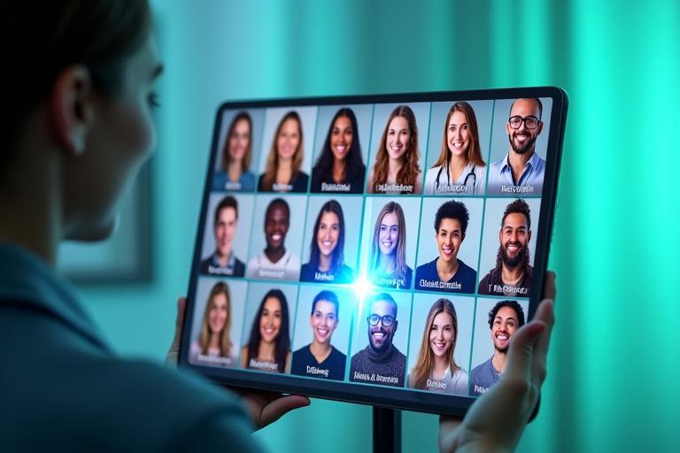Une interface de profilage de coachs en ligne, montrant plusieurs visages souriants de professionnels de la santé, avec un curseur sélectionnant un coach adapté.