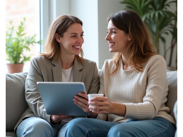 Une femme souriante discute avec son coach santé en visioconférence depuis son salon, symbolisant l'accompagnement personnalisé et l'accessibilité de Lumina Santé.