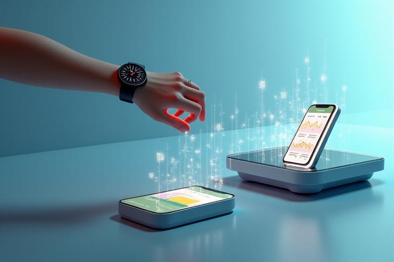 Une infographie montrant des données de santé transmises sans fil d'une montre connectée et d'une balance intelligente vers un smartphone affichant l'application Lumina Santé, symbolisant l'intégration technologique avancée.