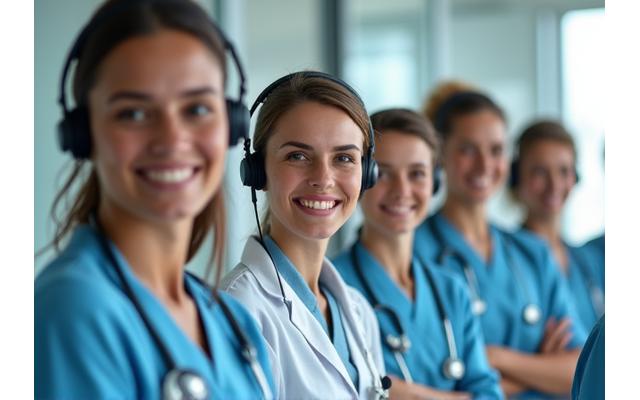 Équipe de conseillers santé de Lumina Santé souriants et accueillants, prêts à aider les patients en ligne