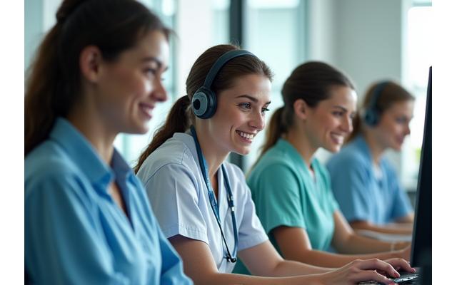 Photo d'équipe multinationale et diverse de professionnels du service client de Lumina Santé assistant des patients à distance