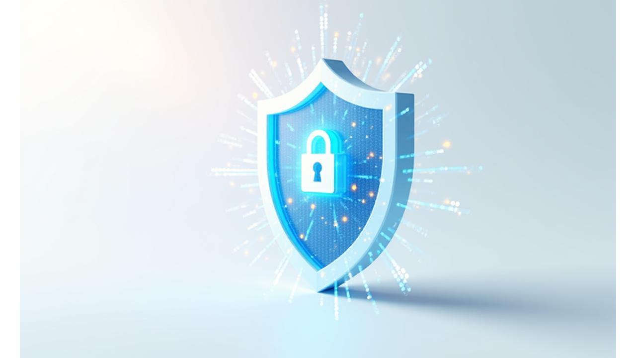 Un bouclier numérique abstrait et une icône de cadenas symbolisant la protection des données et la conformité RGPD.