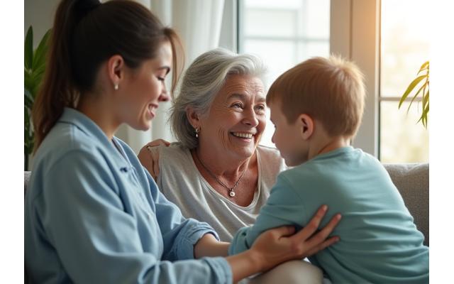 Une famille intergénérationnelle se soutenant mutuellement, symbolisant les aidants familiaux.