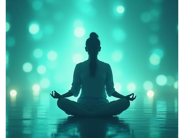 Personne sereine méditant dans un environnement virtuel apaisant et sécurisé, représentant le calme et la confidentialité de la plateforme Lumina Santé.