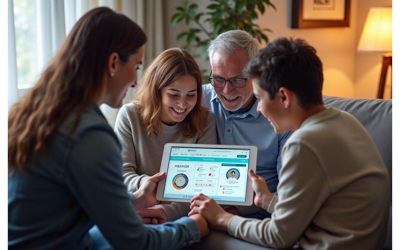 Famille autour d'une tablette consultant une interface numérique de suivi des progrès de leur proche en convalescence