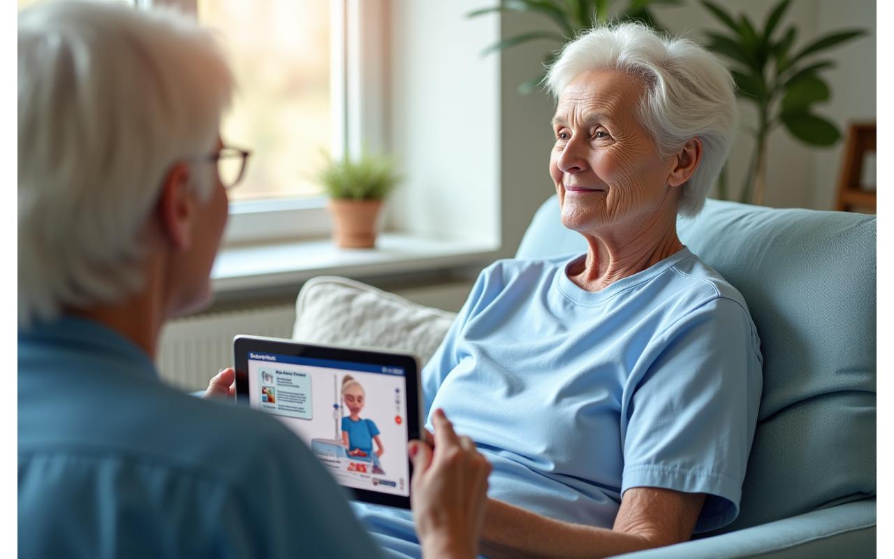 Patient âgé consultant des vidéos éducatives sur une tablette, apprenant des exercices de récupération