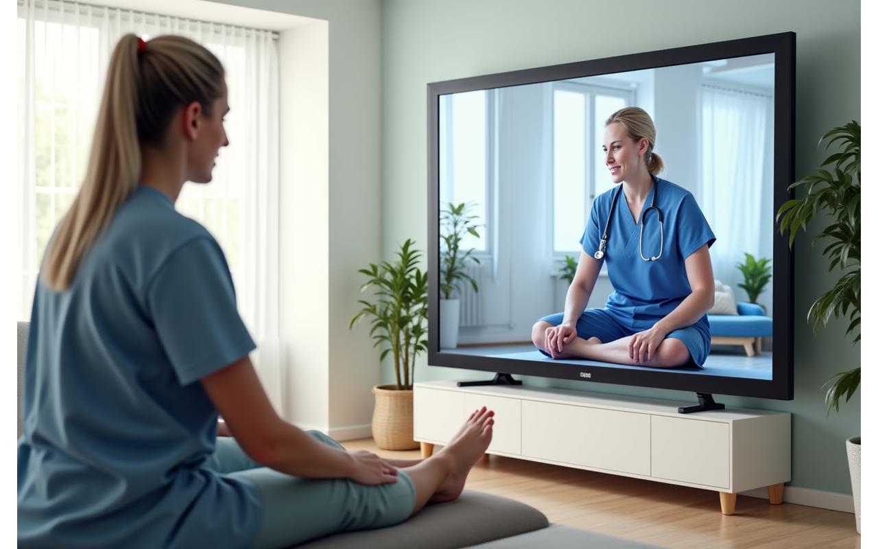 Patient effectuant des exercices de rééducation à la maison sous la guidance d'un kinésithérapeute virtuel via écran, outils de kiné à proximité