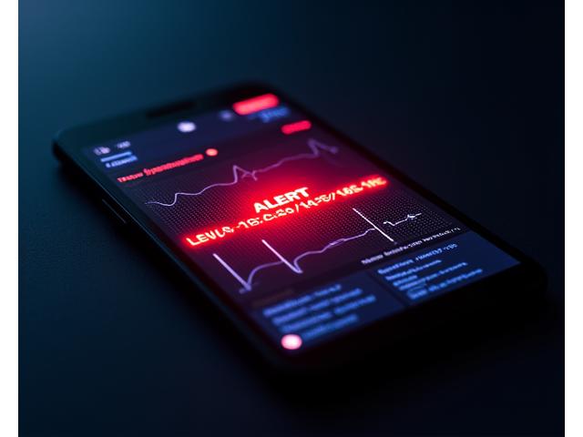 Écran de tablette vibrant d'une alerte rouge et d'un graphique de rythme cardiaque anormal, symbolisant une détection d'urgence.