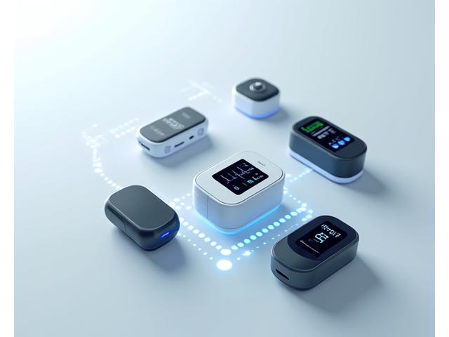 Divers dispositifs médicaux connectés (ECG, tensiomètre, oximètre) posés sur une surface moderne et propre.