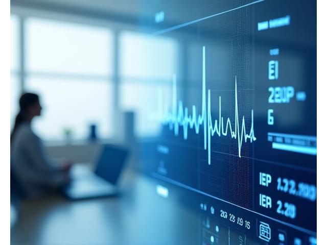 Interface de monitoring ECG affichant des données cardiaques en temps réel sur un écran stylisé.