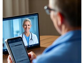 Illustration d'un médecin interagit numériquement avec un patient, représentant une téléconsultation.