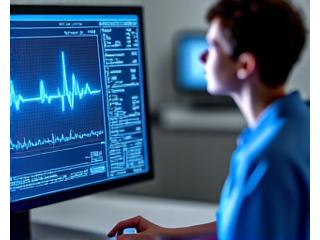 Un cardiologue analysant des données ECG sur un écran, symbolisant l'expertise médicale à distance.