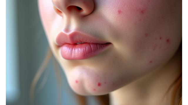 Jeune femme aux prises avec l'acné, montrant des rougeurs et des imperfections douces, mais avec un visage qui exprime l'espoir, illustrant la possibilité de trouver des solutions.