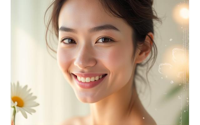 Une femme souriante et confiante, avec une peau lumineuse et saine, superposée à des icônes représentant des soins esthétiques (sérums, hydratants). L'image évoque la beauté saine et naturelle obtenue grâce à des conseils experts. Les couleurs sont douces et apaisantes.