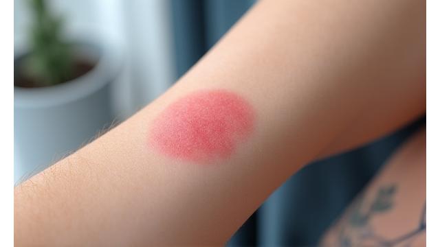 Bras d'une personne avec une réaction allergique localisée, comme une plaque urticarienne ou une dermatite de contact, aux contours bien définis et d'une couleur rouge vif, sur une peau par ailleurs saine.