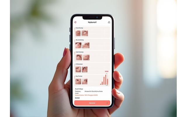 Une interface d'application mobile montrant une chronologie de photos de grains de beauté prises à différentes dates, avec des annotations et des graphiques indiquant des changements over time. Un accent est mis sur la comparaison et la détection d'anomalies, le tout dans un design clean et médical.