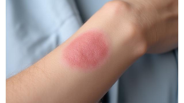 Partie du bras ou de la main d'une personne montrant des plaques d'eczéma, avec une peau sèche, rouge et squameuse. L'image met en évidence l'inconfort mais aussi le besoin d'un traitement apaisant.