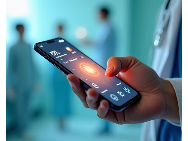 Une personne utilisant un smartphone pour capturer une image de sa peau, avec une superposition d'analyse IA montrant des points de détection et un cercle vert indiquant un diagnostic rapide. L'écran du téléphone affiche une interface fluide et moderne.