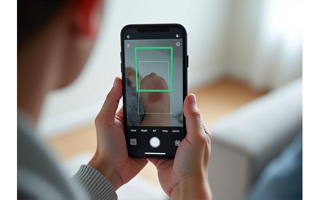 Une main tenant un smartphone qui affiche une interface avec des guides visuels superposés sur une zone de peau à photographier. Des indicateurs de lumière et de distance aident l'utilisateur à prendre une photo de haute qualité diagnostique. L'accent est mis sur la clarté et l'assistance utilisateur.
