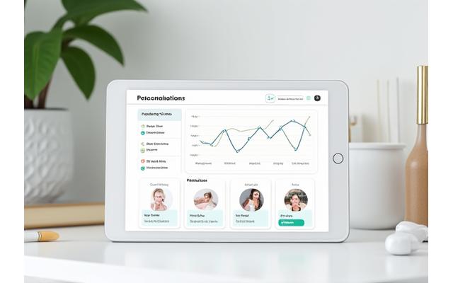Une interface de tableau de bord numérique montrant un suivi de traitement dermatologique. Des graphiques de progression avec des points de contrôle, des rappels de médicaments, et une zone pour télécharger des photos de suivi, le tout dans un design clair et fonctionnel.